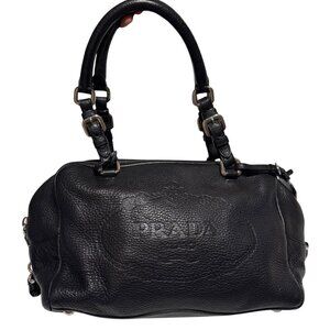 Prada Vitello Daino Logo Leather Bauletto Satchel Bag Black Nero MSRP $2950